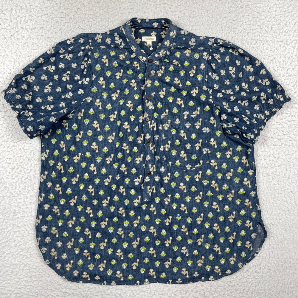 Pilcro Top Womens XL Blue Floral Beaded Henley Boho Cottagecore Anthropologie